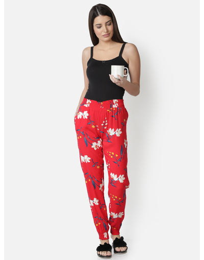 Lounge Pant for Women-Red Floral Print Smocking
