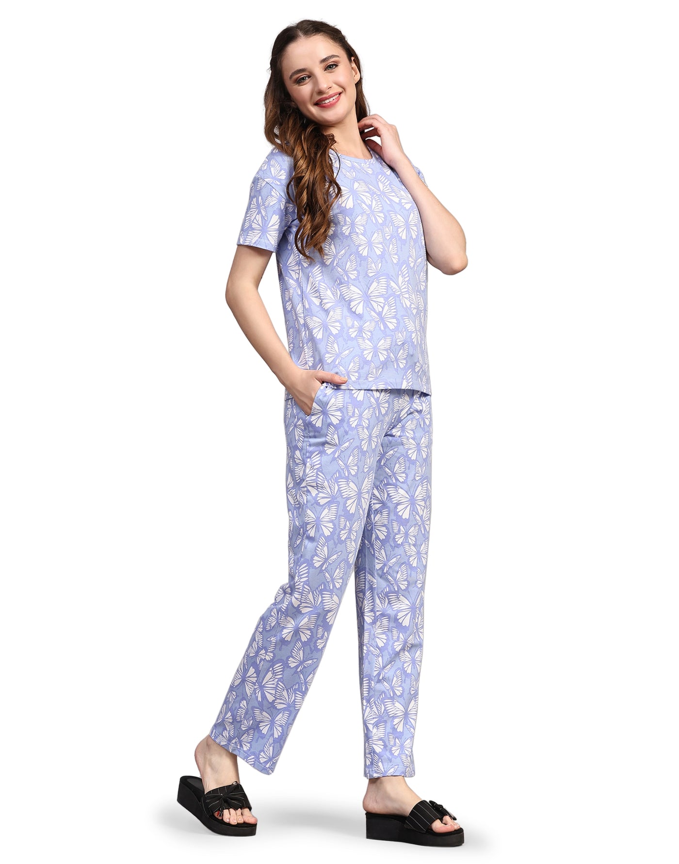 Pyjama Set for Women-Light Blue Butterfly Print