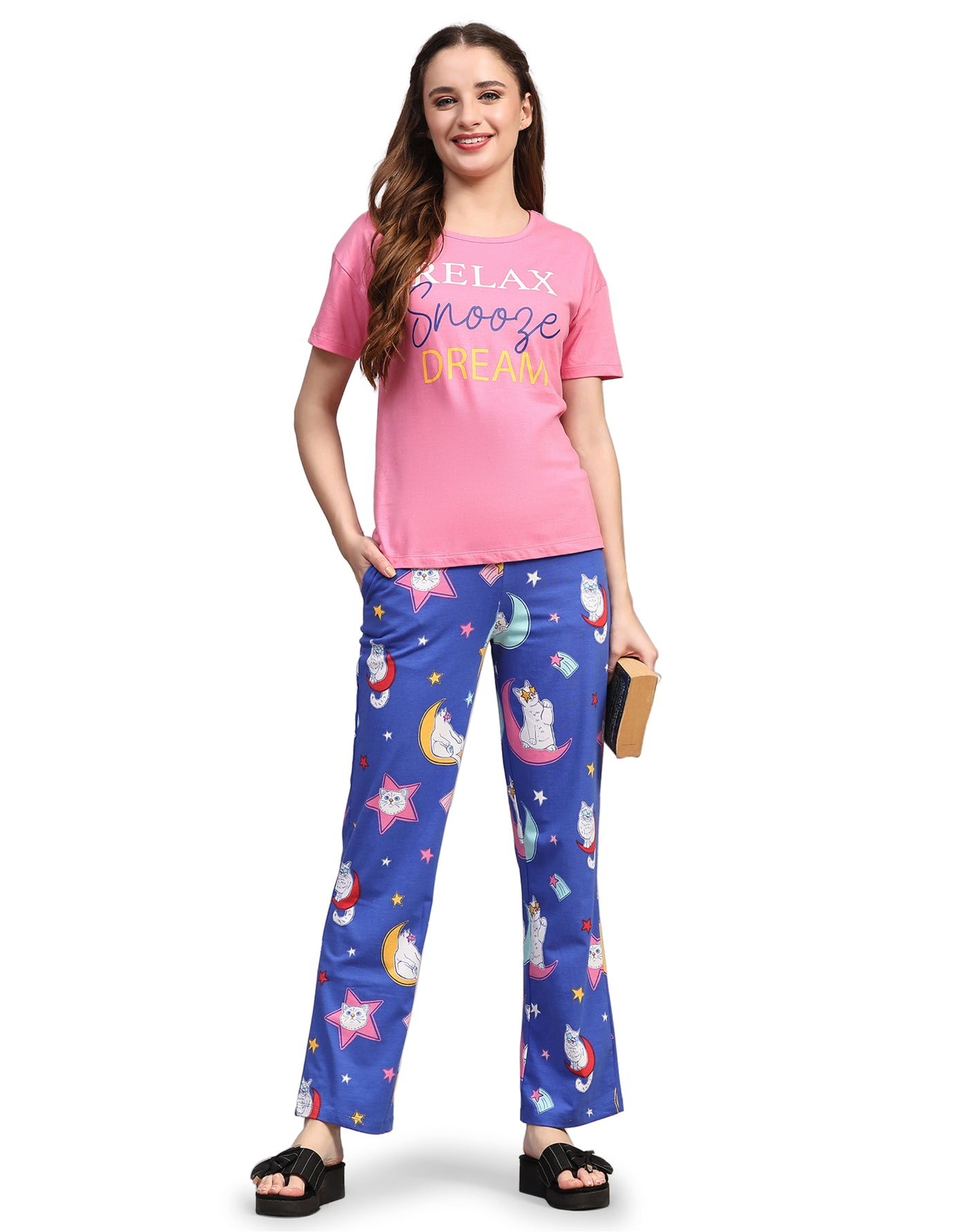 Pyjama Set for Women-Pink Tee & Blue Cat Print
