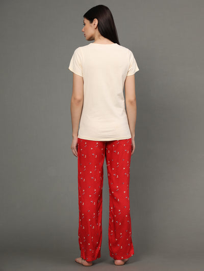 Pyjama Set for Women-Pink T-Shirt & Red Printed Pant
