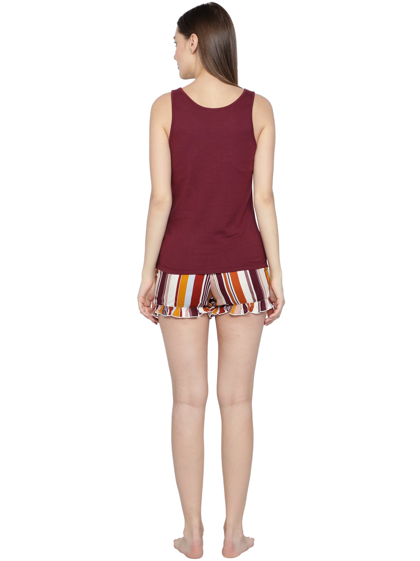 Night Suit Shorty Set for Women-Maroon Stripes