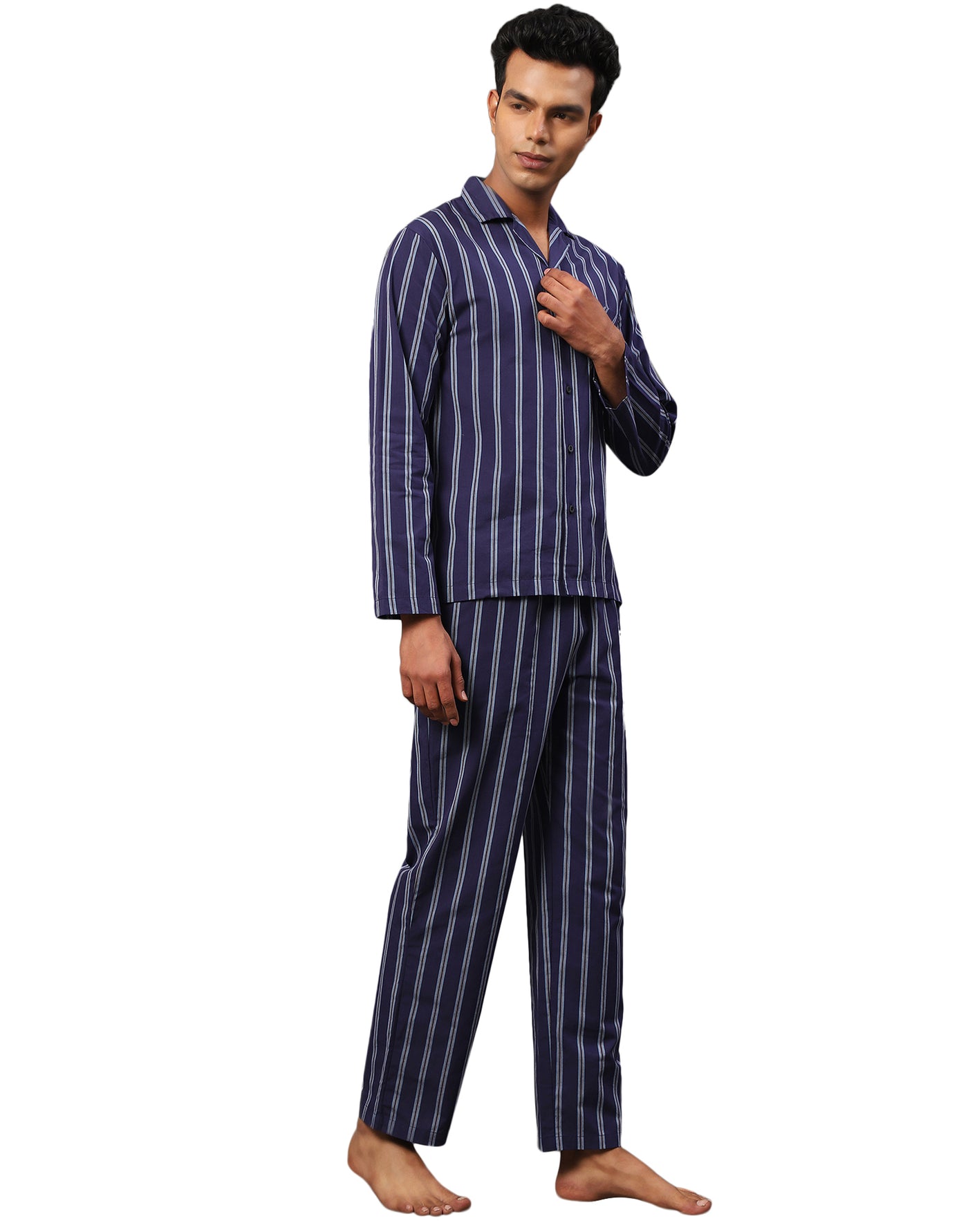 Pyjama Set for Men-Navy Blue Chalk Stripes