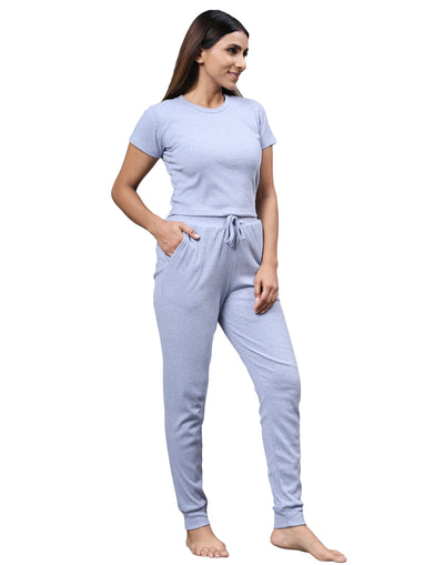 Pyjama Set for Women-Blue Solid Cuffed