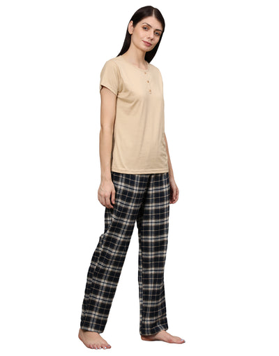 Pyjama Set for Women-Beige T-Shirt & Checked Pant