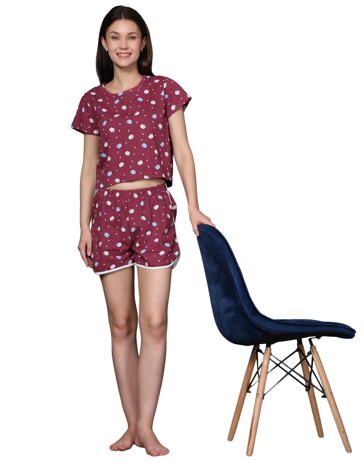 Night Suit Shorty Set for Women-Maroon Cat Print