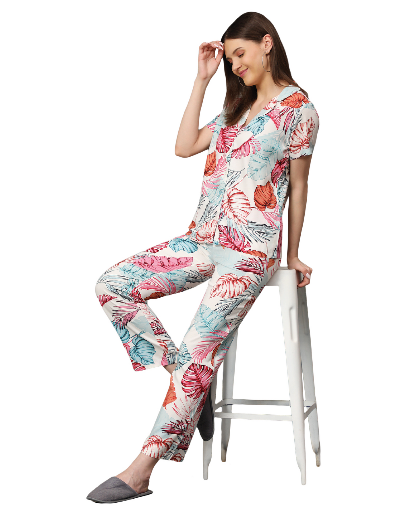 Night Suit Set for Women-Pink Tropical Leaf