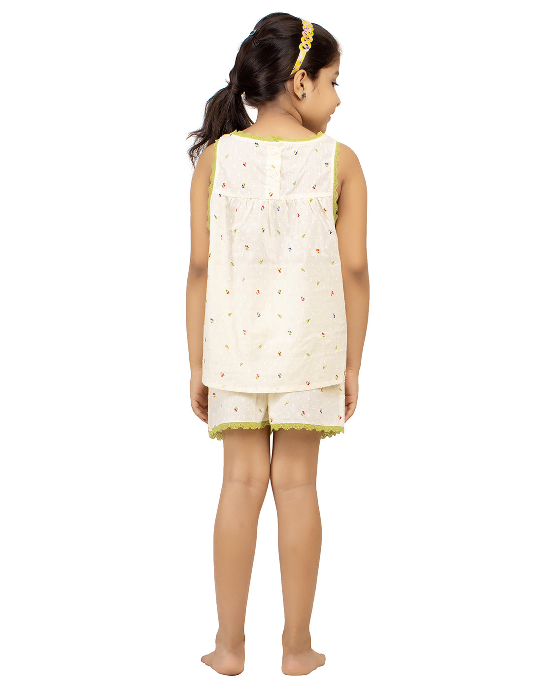 Night Suit Shorty Set for Girls-Yellow Lace