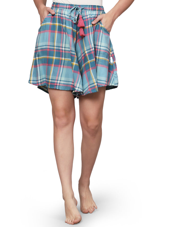 Viscose Culotte Shorts - Blue Checks