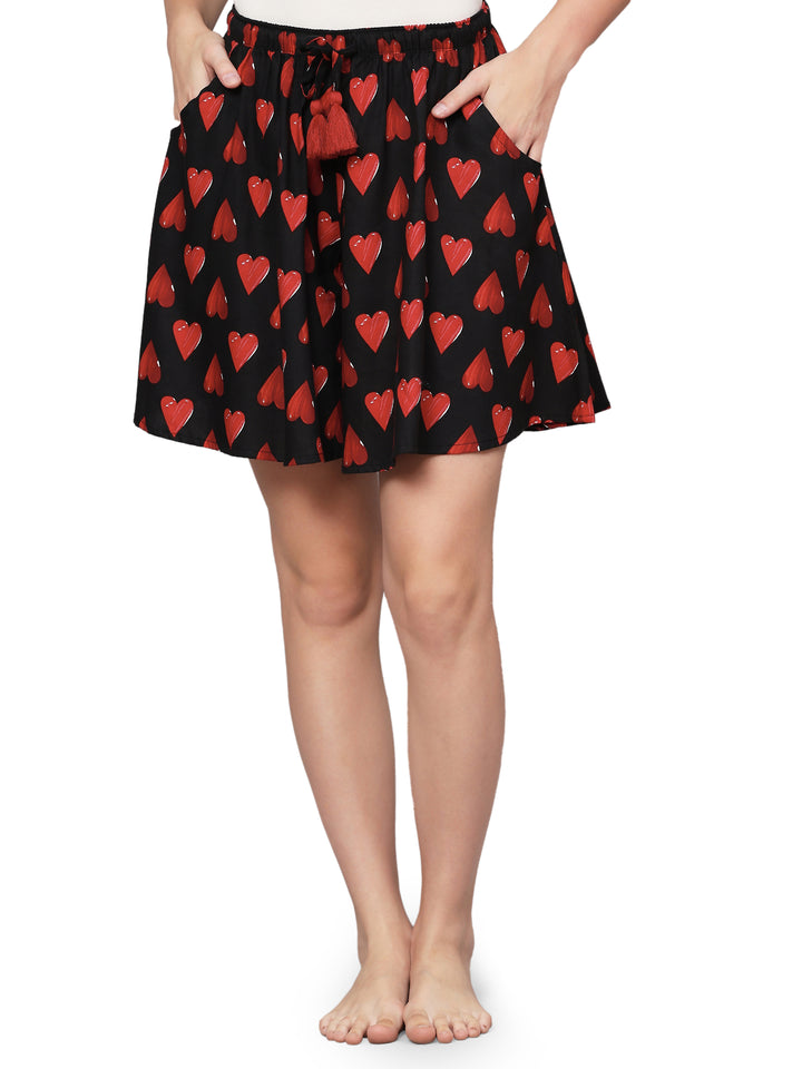 Viscose Culotte Shorts - Black Heart Print