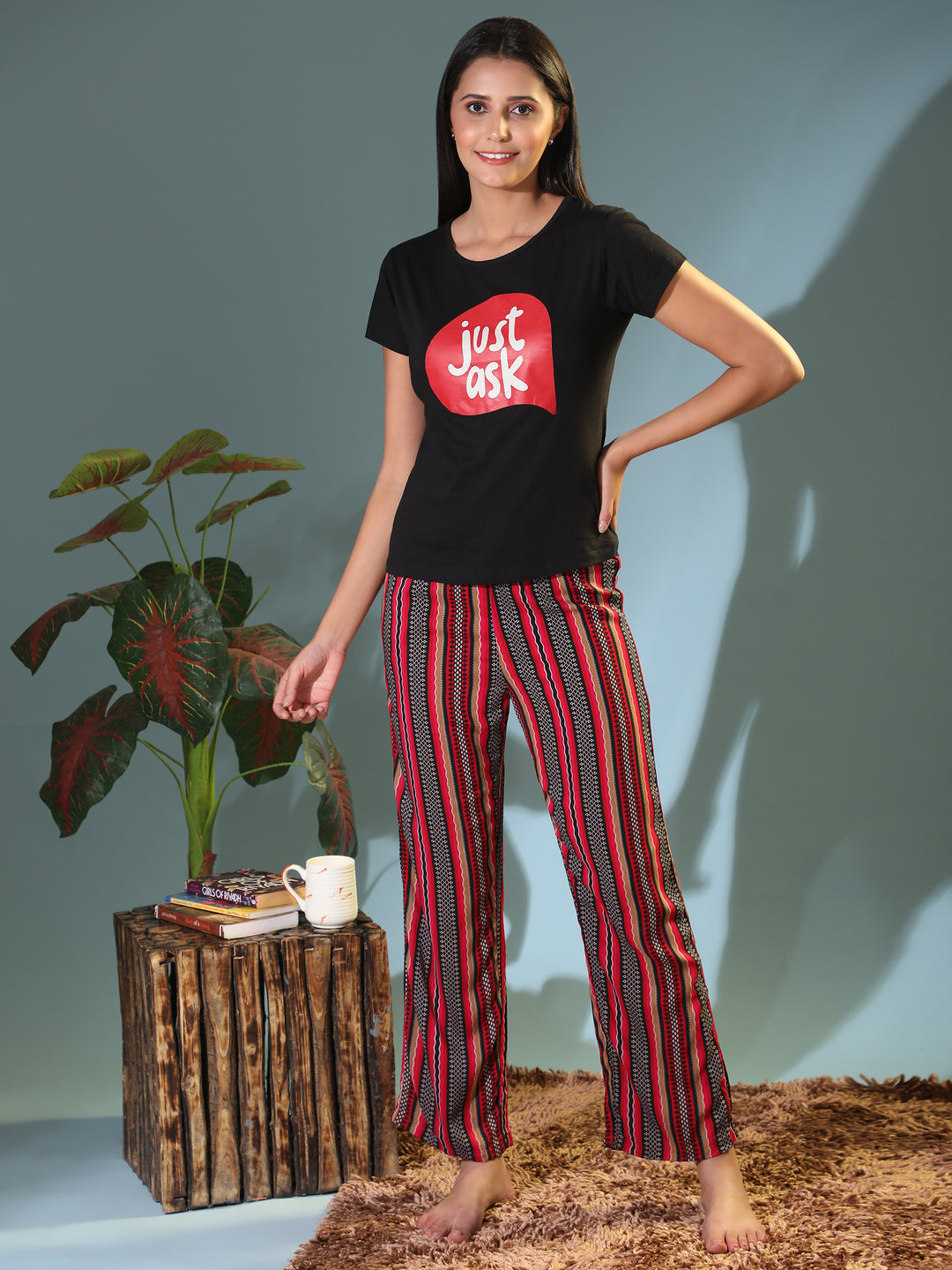 Nightwear Set -  Pink Stripes Just Ask Print