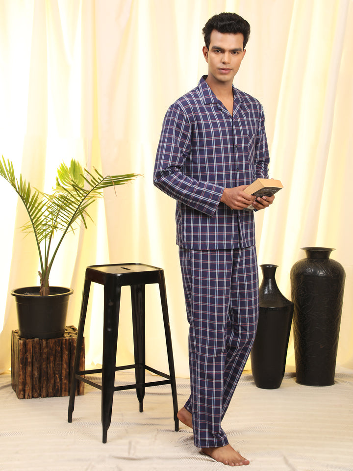 Cotton Nighwear for Men - Red and Blue Tartan checks