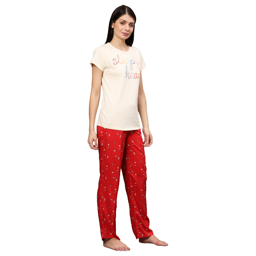 Nightwear Set - Cream Embroidered Floral Print