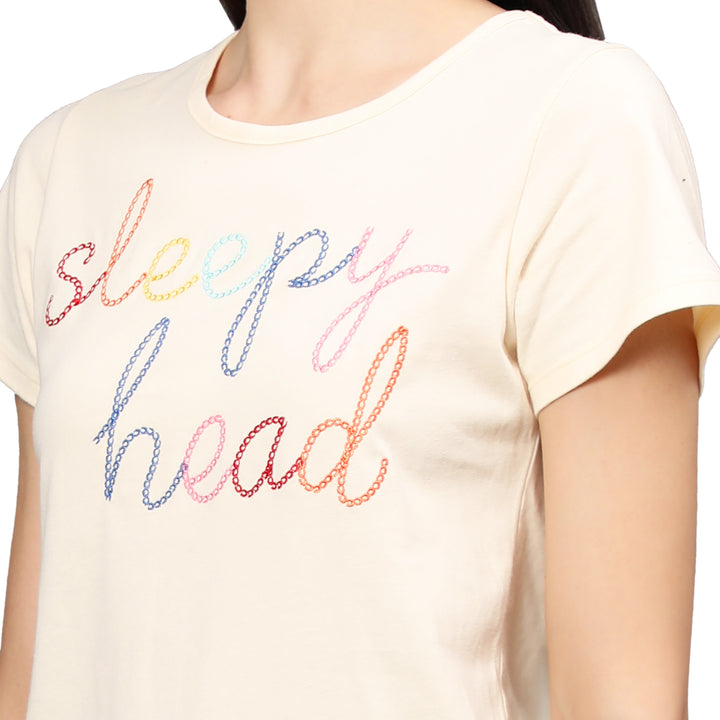 Nightwear Set - Cream Embroidered Floral Print