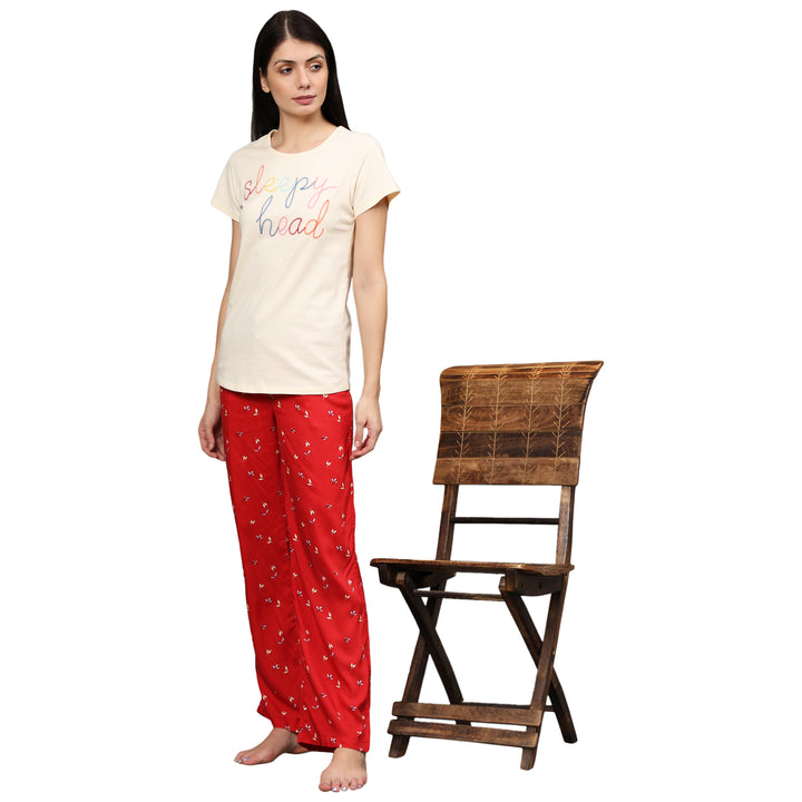 Nightwear Set - Cream Embroidered Floral Print