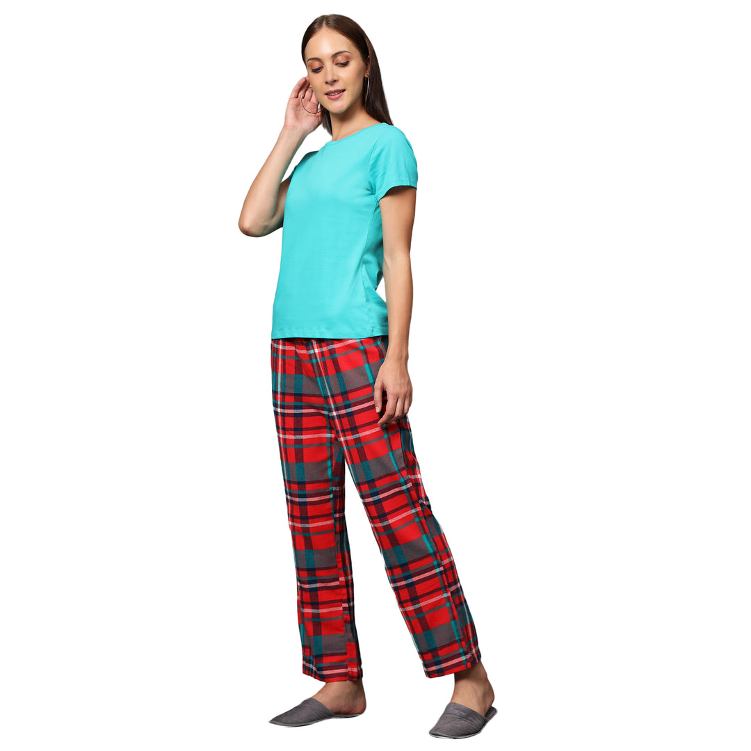 Nightwear Set - Green Solid Top & Red Checks