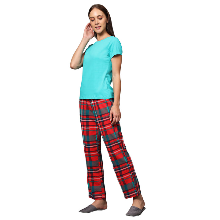 Nightwear Set - Green Solid Top & Red Checks