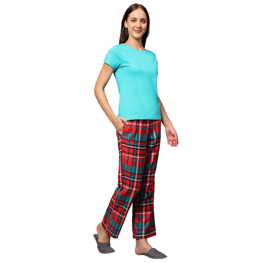 Nightwear Set - Green Solid Top & Red Checks