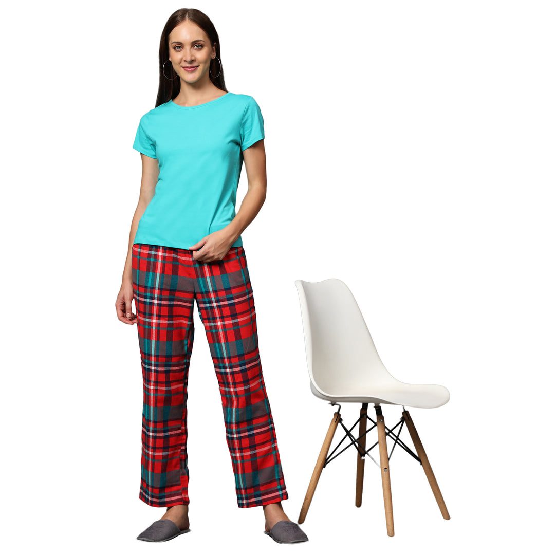Nightwear Set - Green Solid Top & Red Checks