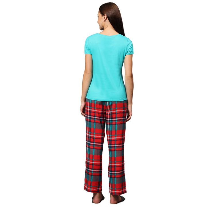 Nightwear Set - Green Solid Top & Red Checks