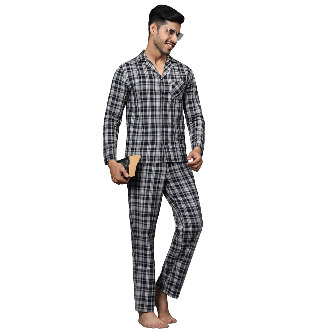 Cotton Nighwear for Men - Black & Grey Checks