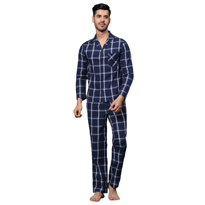 Cotton Nighwear for Men - Dark Blue & White Checks