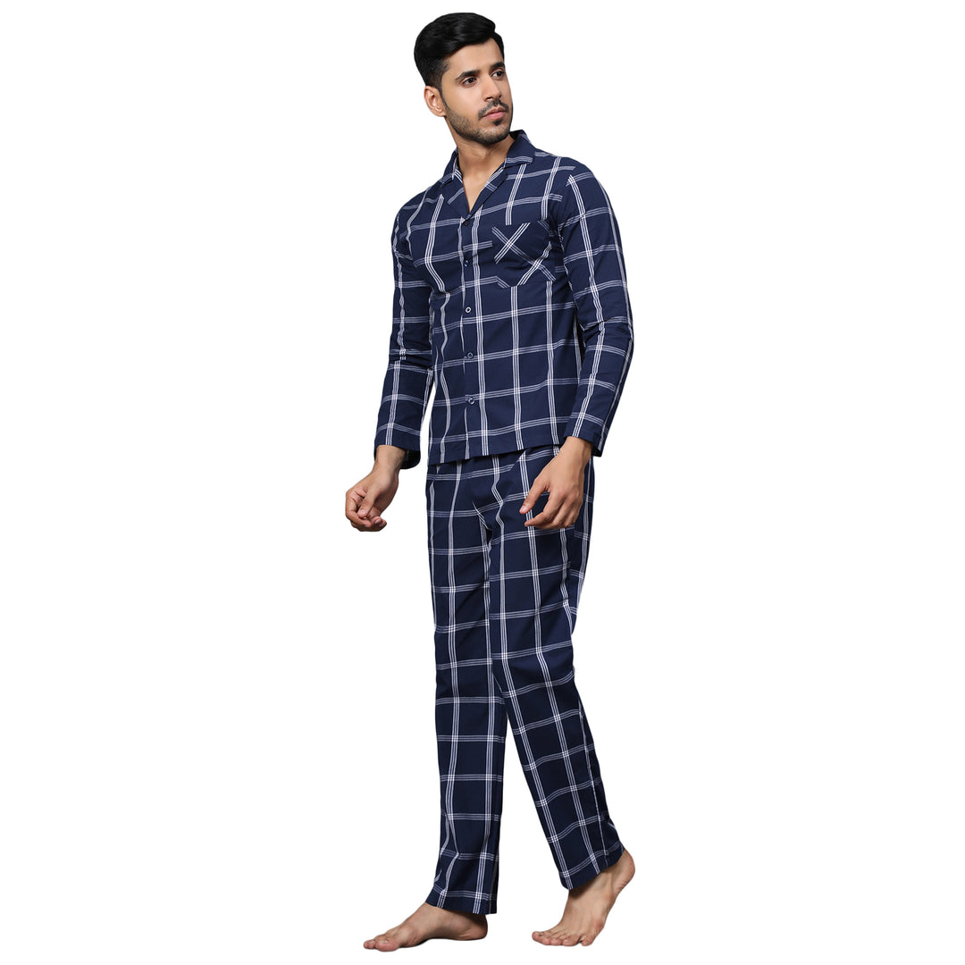 Cotton Nighwear for Men - Dark Blue & White Checks