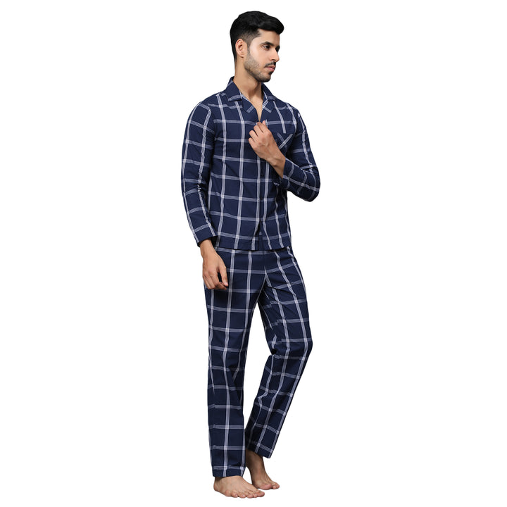 Cotton Nighwear for Men - Dark Blue & White Checks