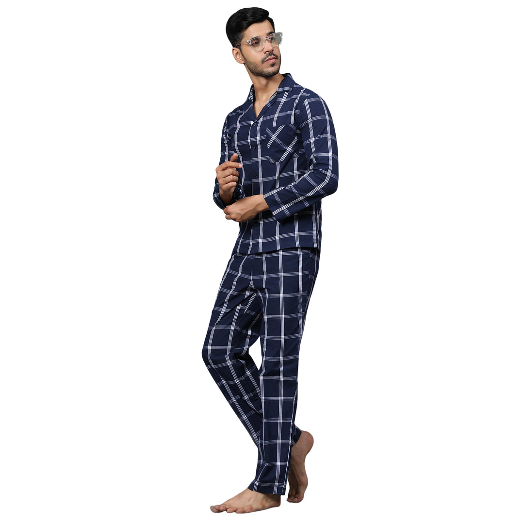 Cotton Nighwear for Men - Dark Blue & White Checks