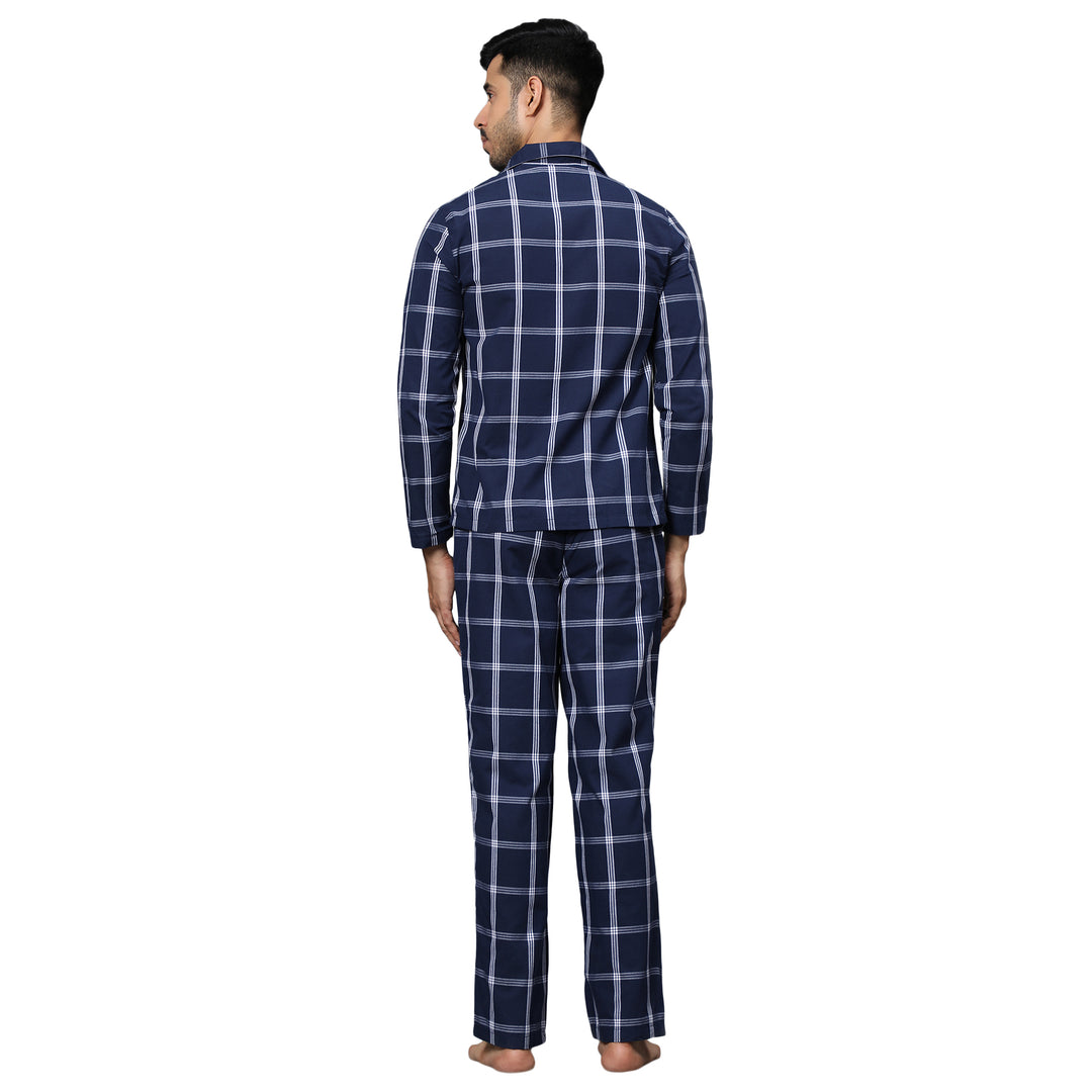 Cotton Nighwear for Men - Dark Blue & White Checks