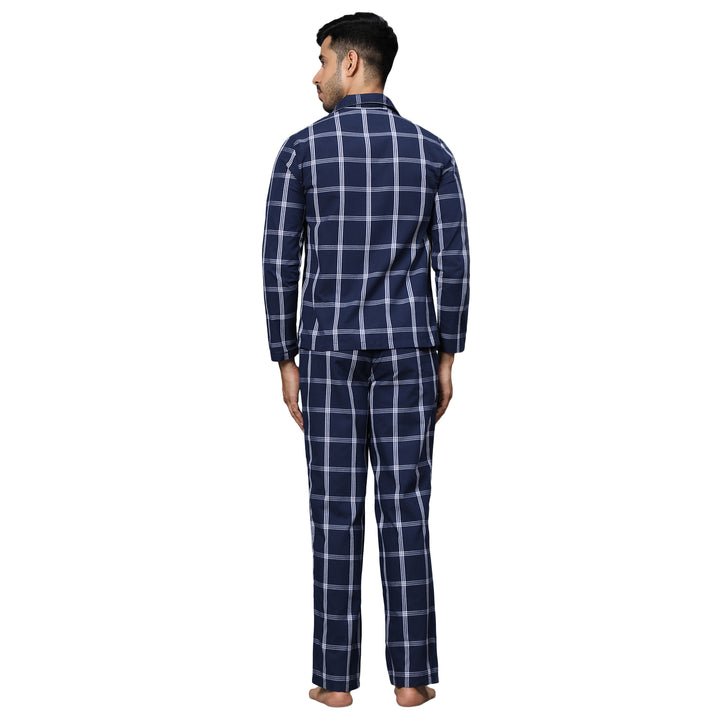 Cotton Nighwear for Men - Dark Blue & White Checks