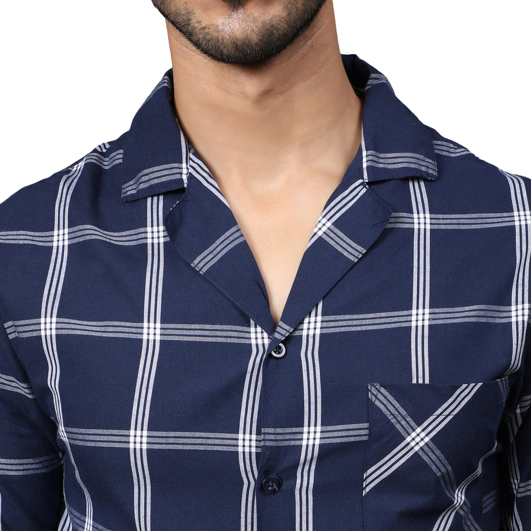 Cotton Nighwear for Men - Dark Blue & White Checks