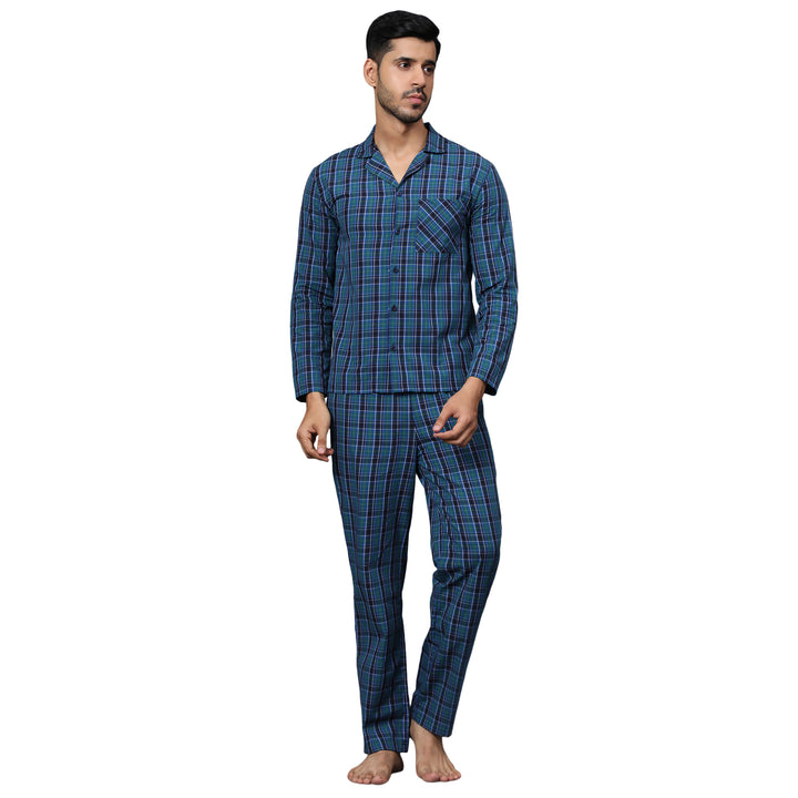 Cotton Nighwear for Men - Green & Black Checks