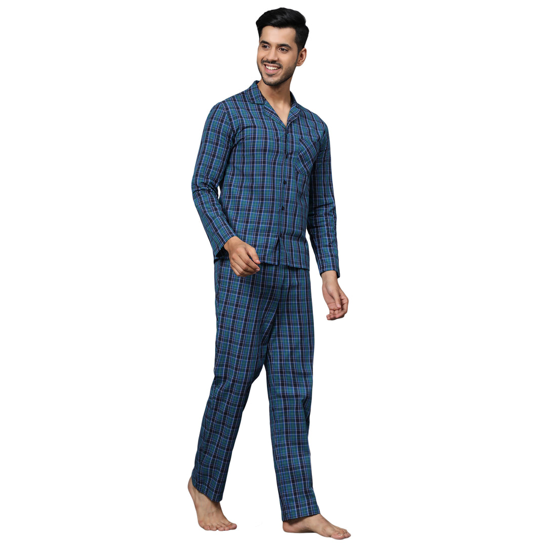 Cotton Nighwear for Men - Green & Black Checks