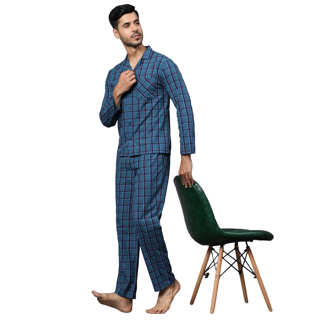 Cotton Nighwear for Men - Green & Black Checks