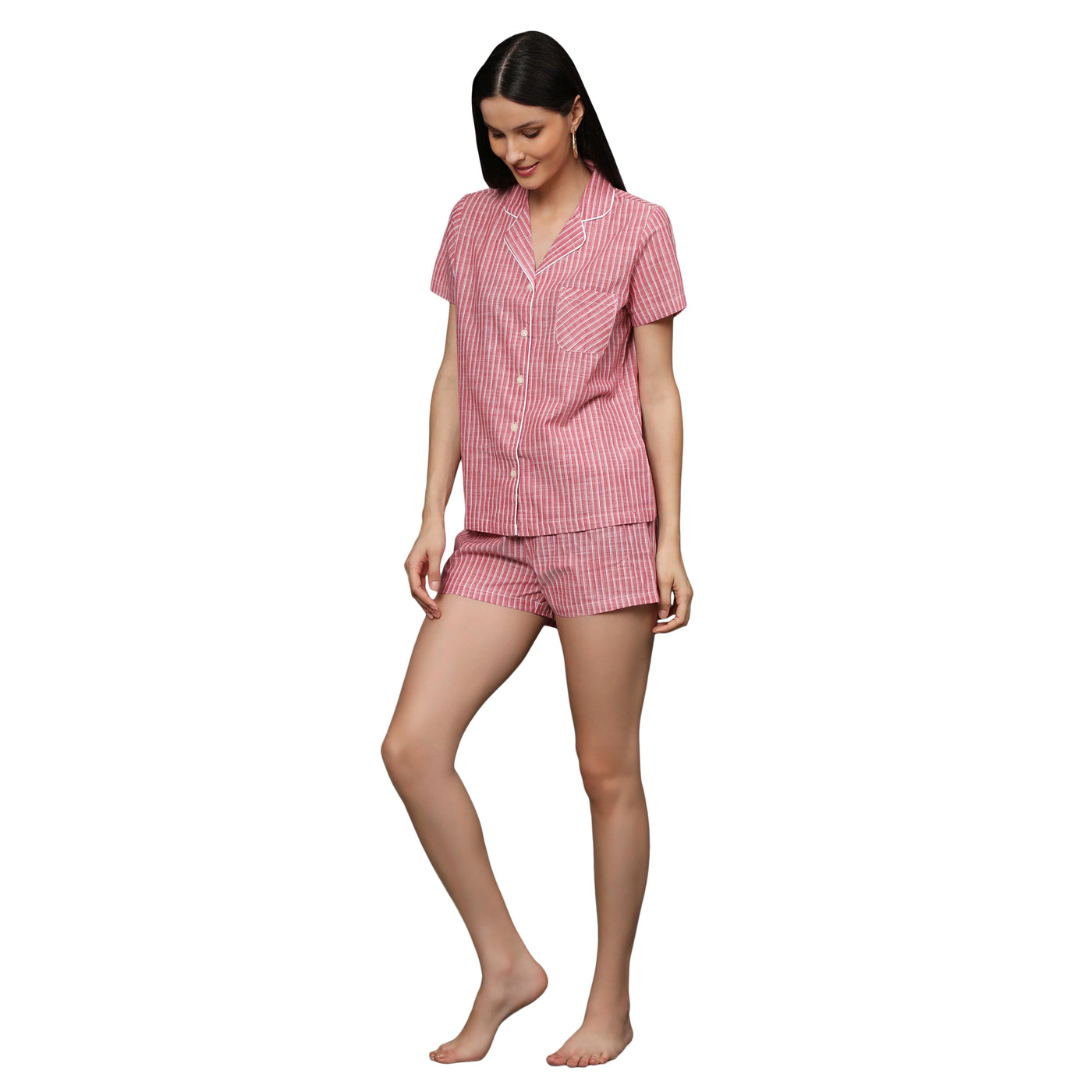 Night Suit Shorty Set for Women-Red Linen