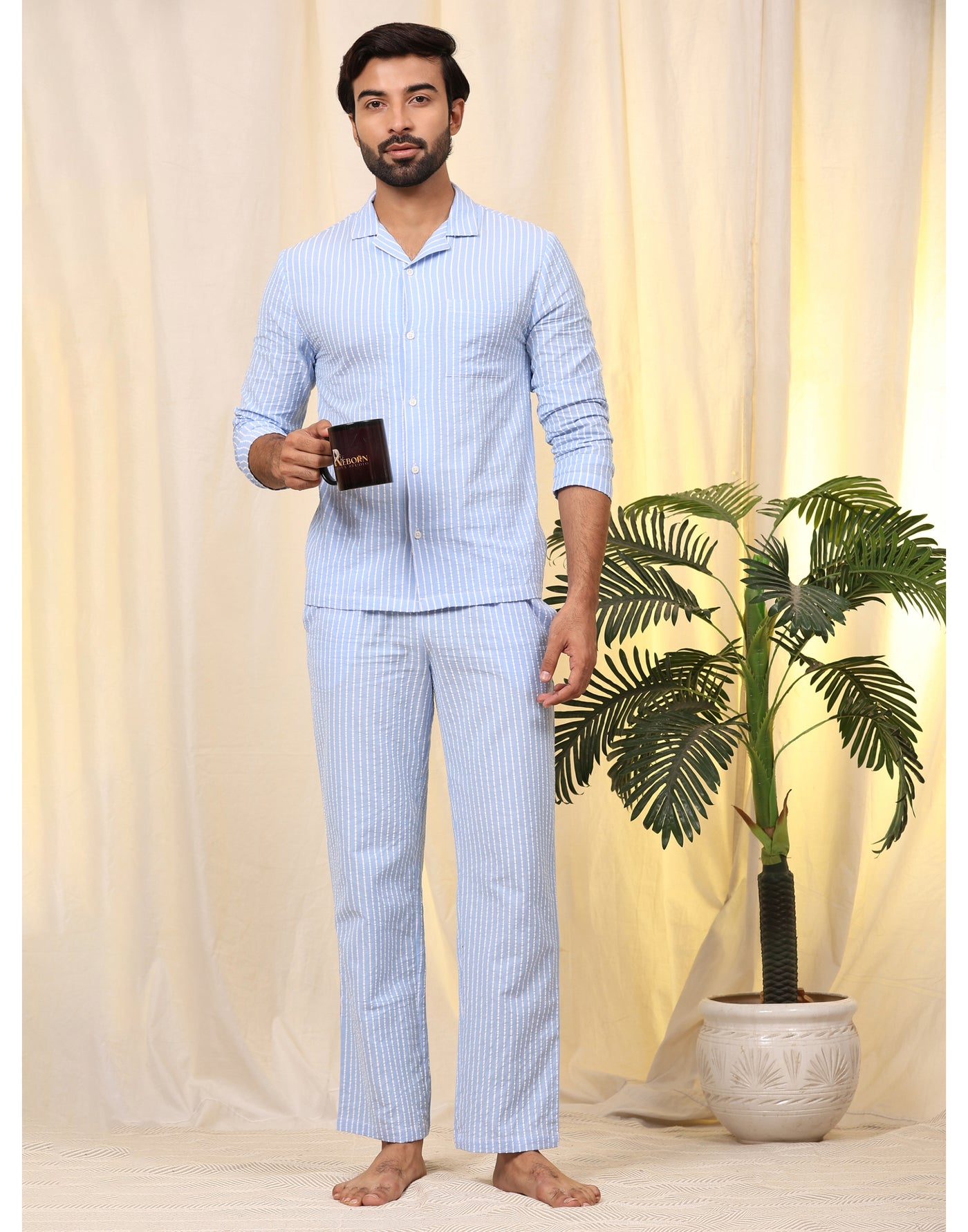 Pyjama Set for Men-Light Blue Stripes