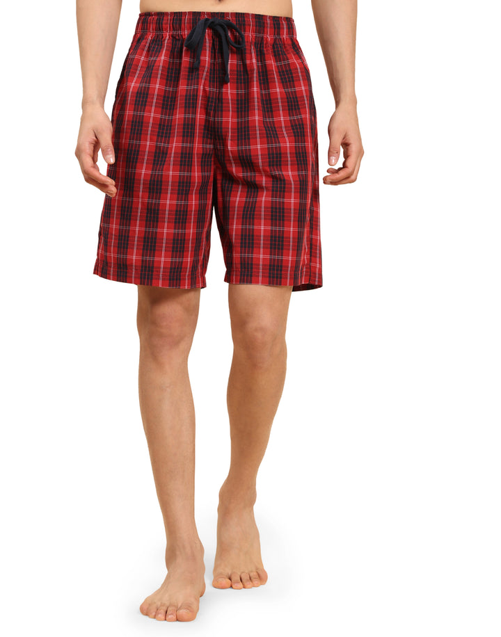 B STORIES Men's Cotton Casual Shorts with Elasticated Waistband & Drawstring- Red Checked