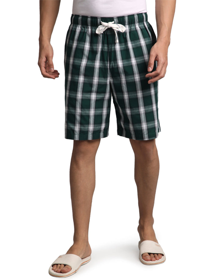B STORIES Men's Cotton Casual Shorts with Elasticated Waistband & Drawstring- Dark Green Checked