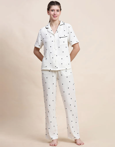 Night Suit Set for Women-White Star Print