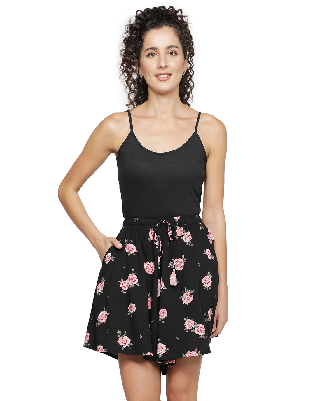 Viscose Culotte Shorts - Black Rose Print