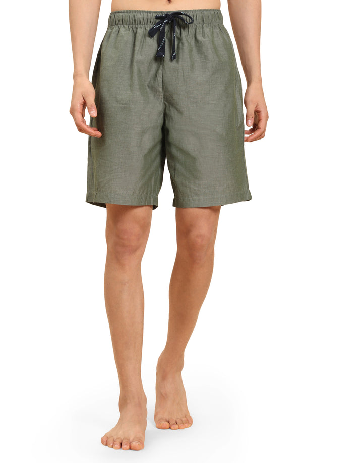 B STORIES Men's Cotton Casual Shorts with Elasticated Waistband & Drawstring - Solid Olive Green