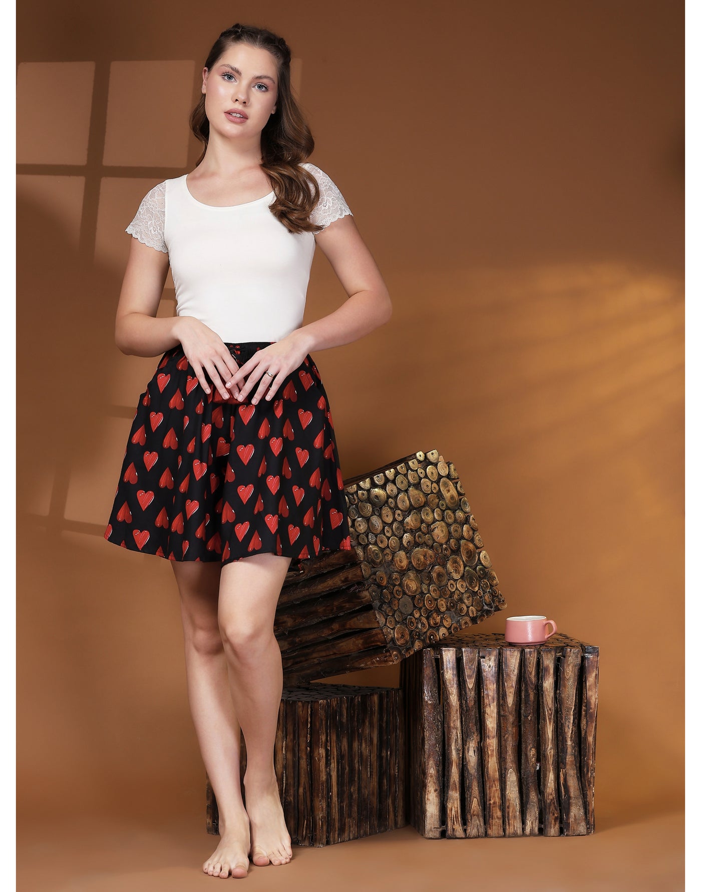 Culotte Shorts for Women-Black Heart Print