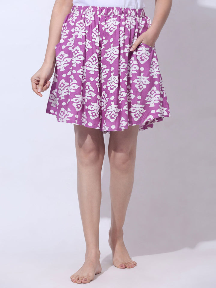 Viscose Culotte Shorts - Purple Motif Print