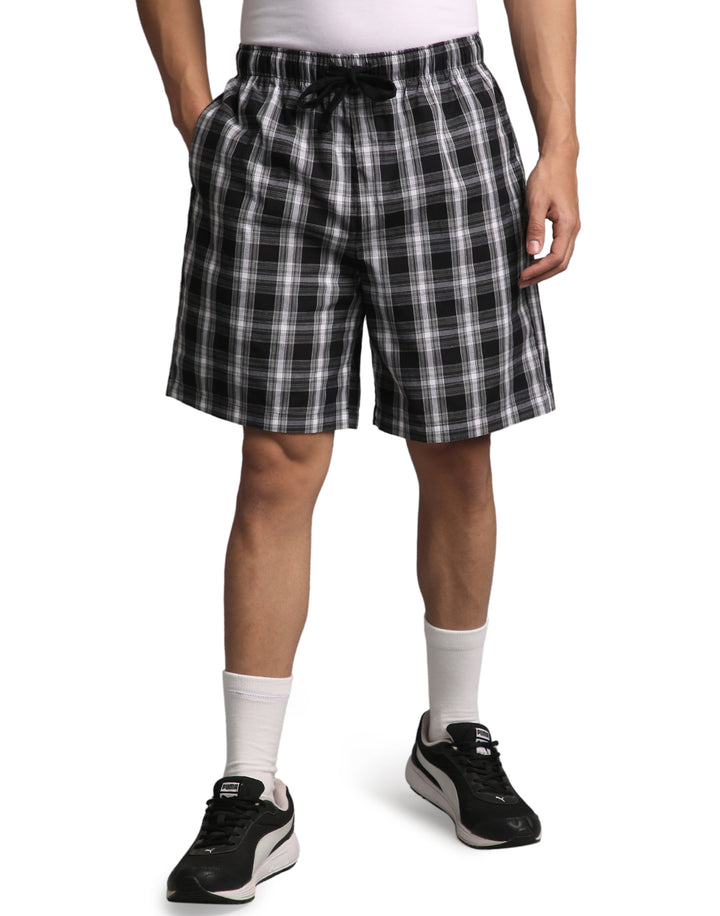 B STORIES Men's Cotton Casual Shorts with Elasticated Waistband & Drawstring- Black & Grey Checked