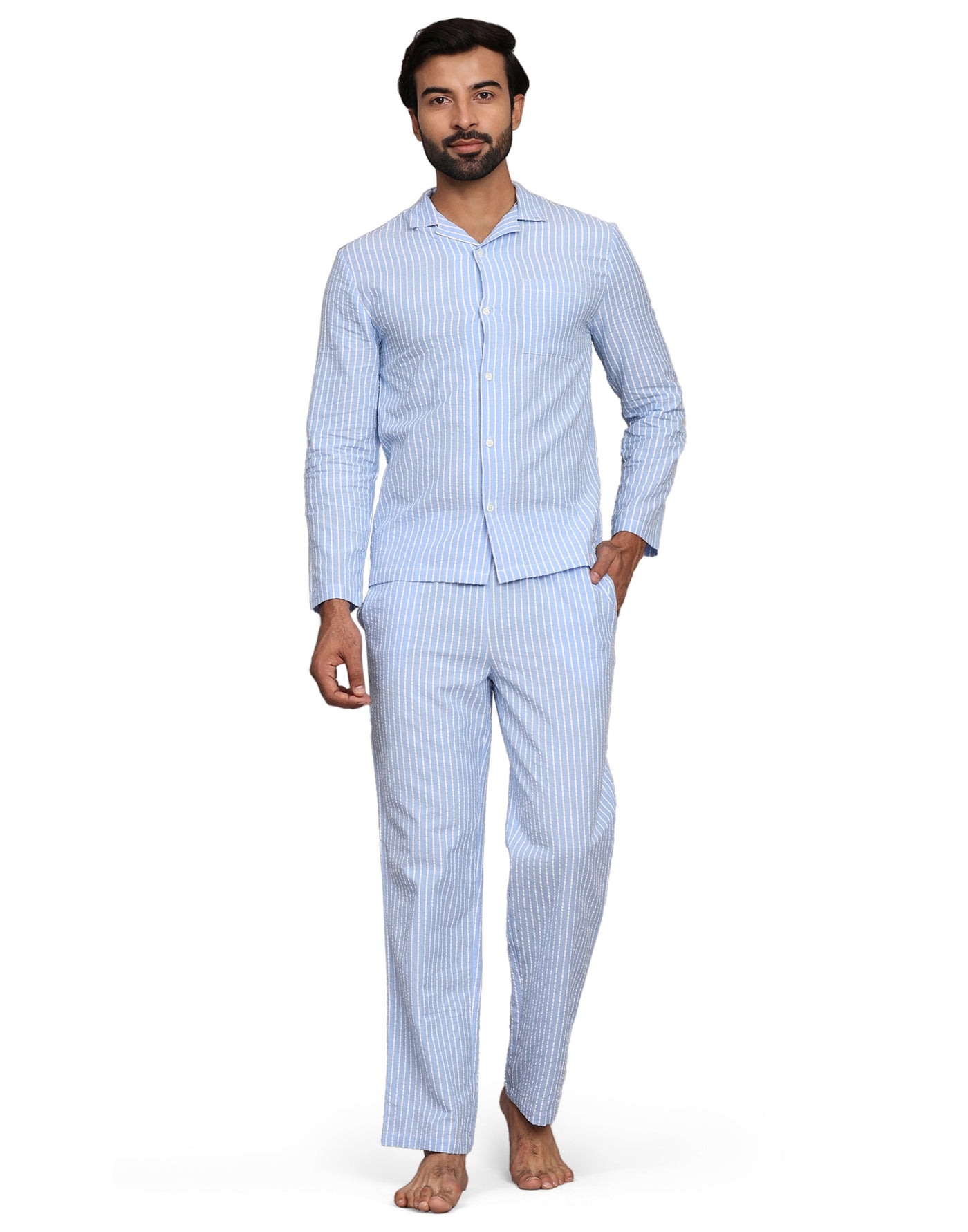 Pyjama Set for Men-Light Blue Stripes