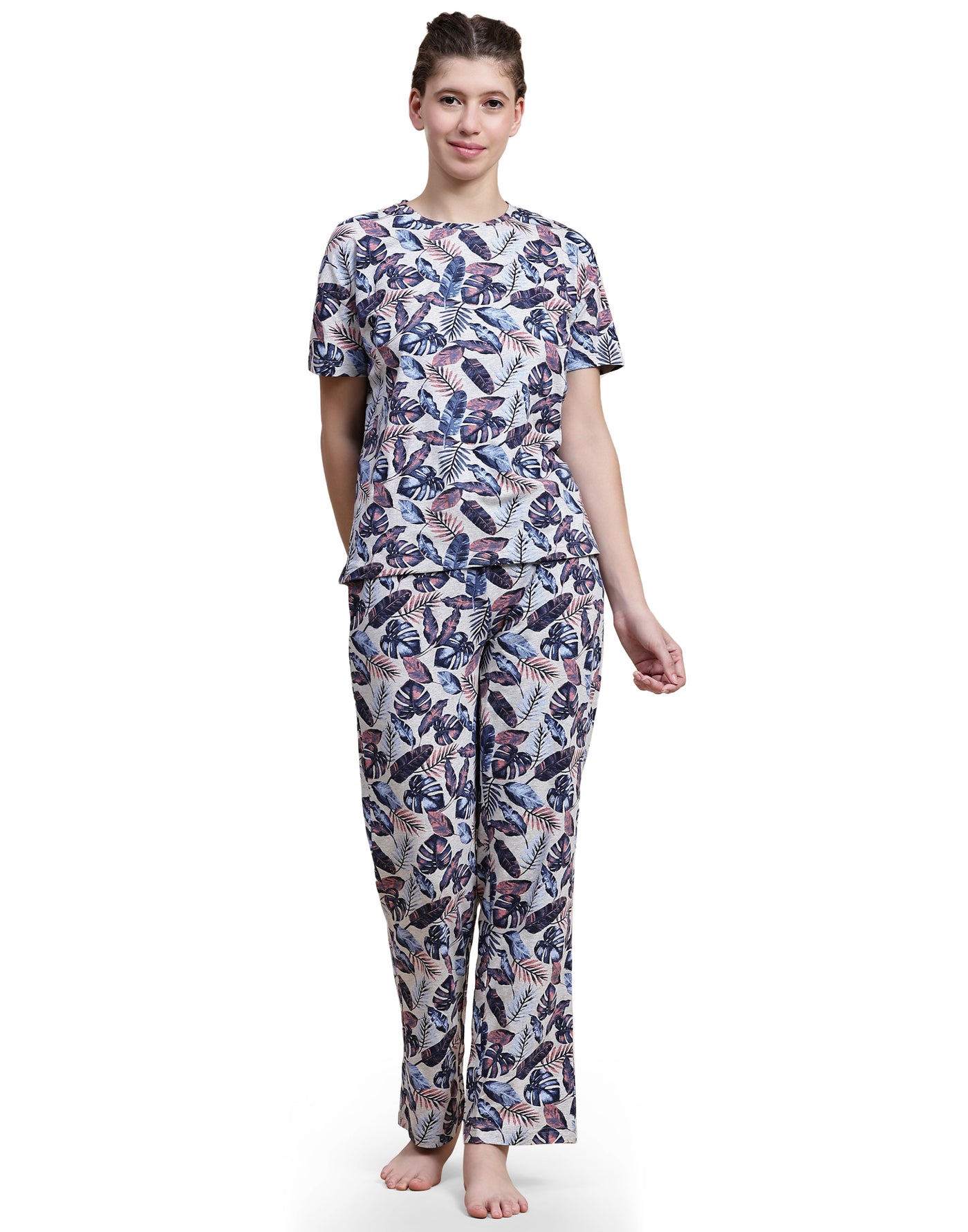 Pyjama Set for Women-Grey Leaf Print