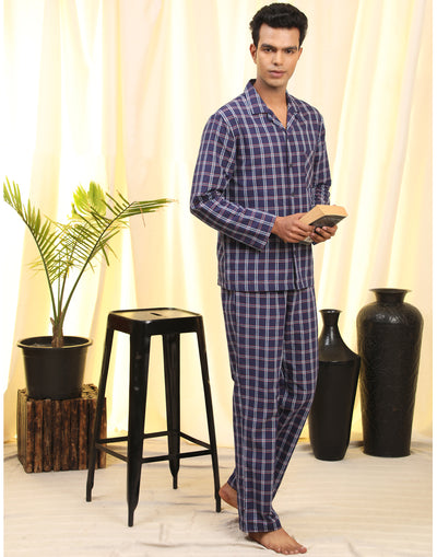 Pyjama Set for Men-Blue Tartan Checked