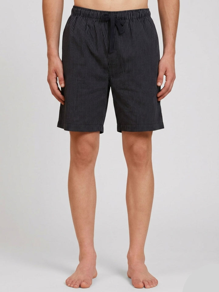 B STORIES Men's Cotton Casual Shorts with Elasticated Waistband & Drawstring- Black Pinstripe Printed