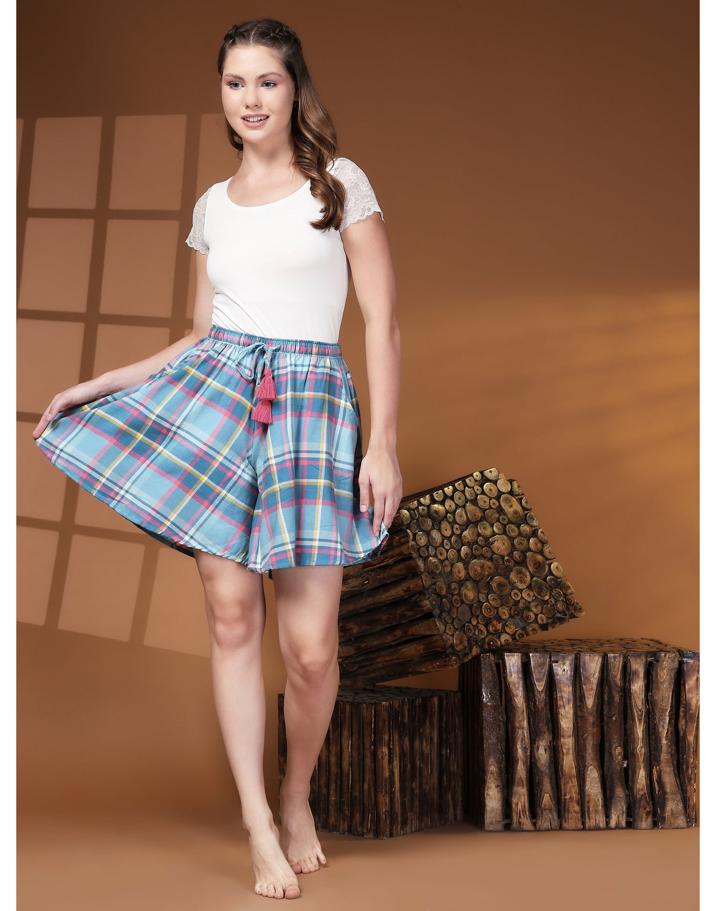 Culotte Shorts for Women-Blue Checks