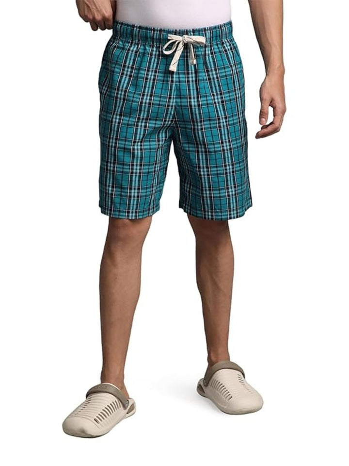 B STORIES Men's Cotton Casual Shorts with Elasticated Waistband & Drawstring- Teal Blue Checked